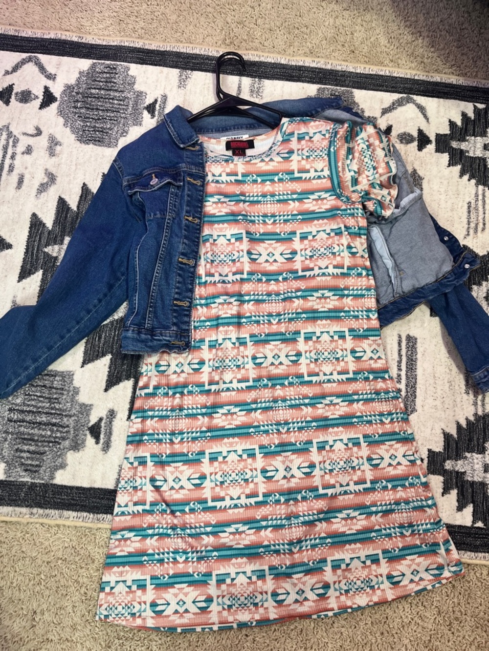 Girls' Aztec Stripe Casual Dress in Teal & Coral - No Brand Listed